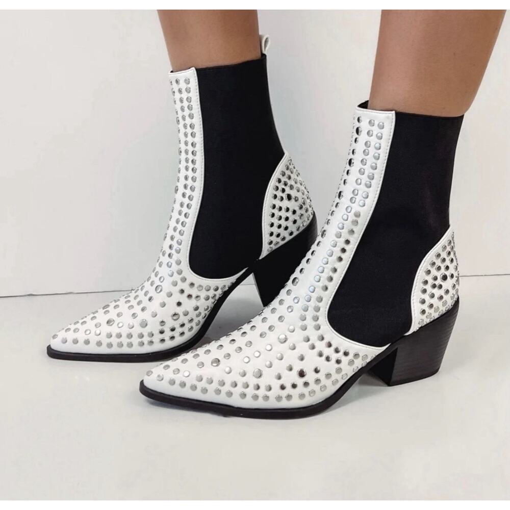 Studded Western Chelsea Boots Black White Pointed Toe Sz 8-8.5 Rock Steampunk